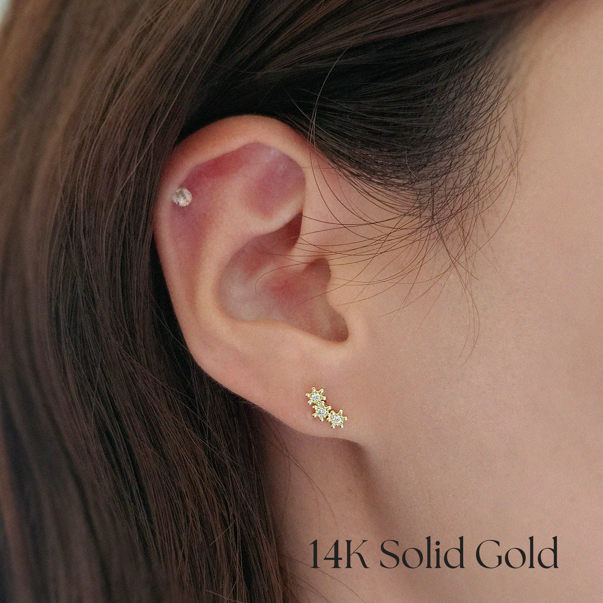 Front view of 14K Flower Trio earrings with CZ floral cluster design