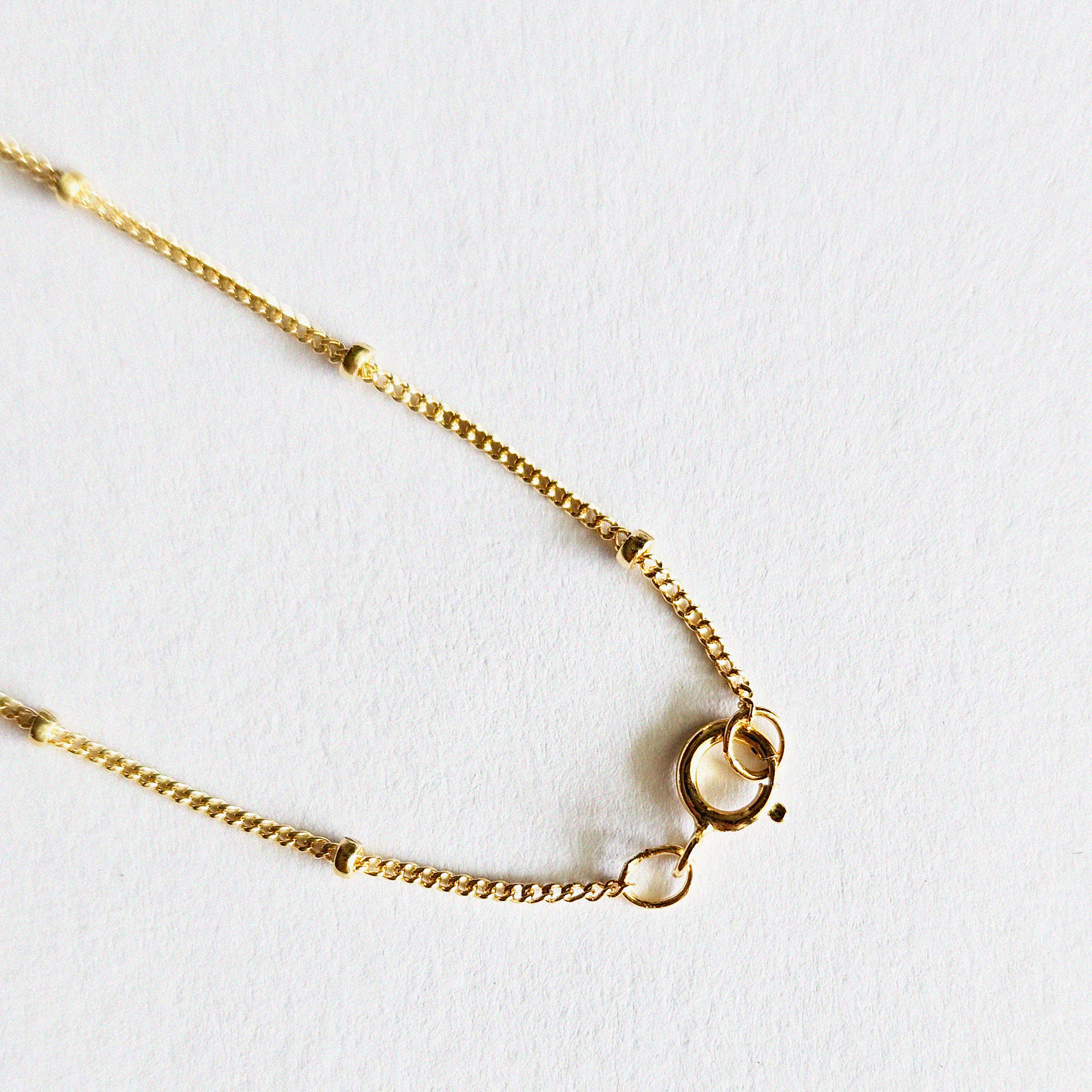 Side angle showing spring ring clasp and chain texture