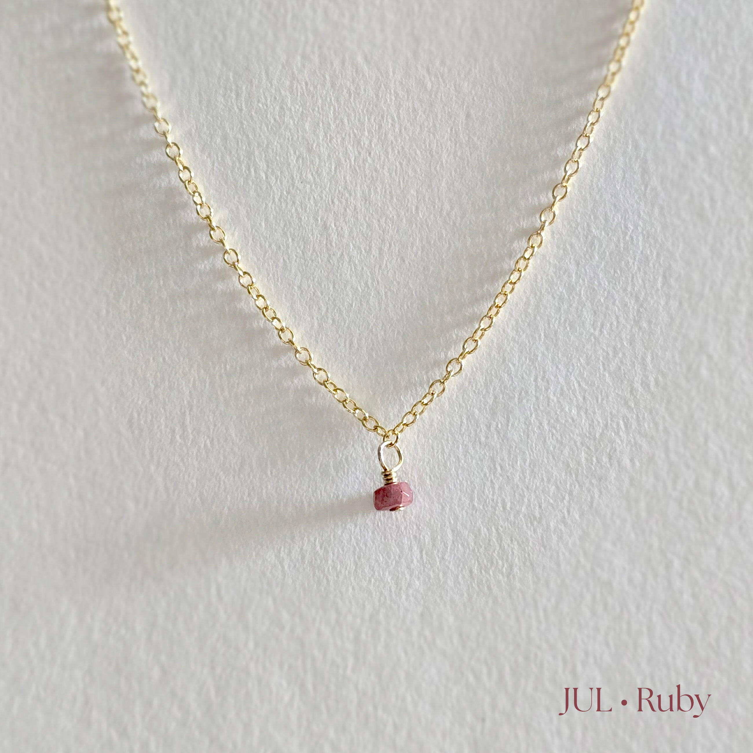 Gold filled birthstone necklace with ruby