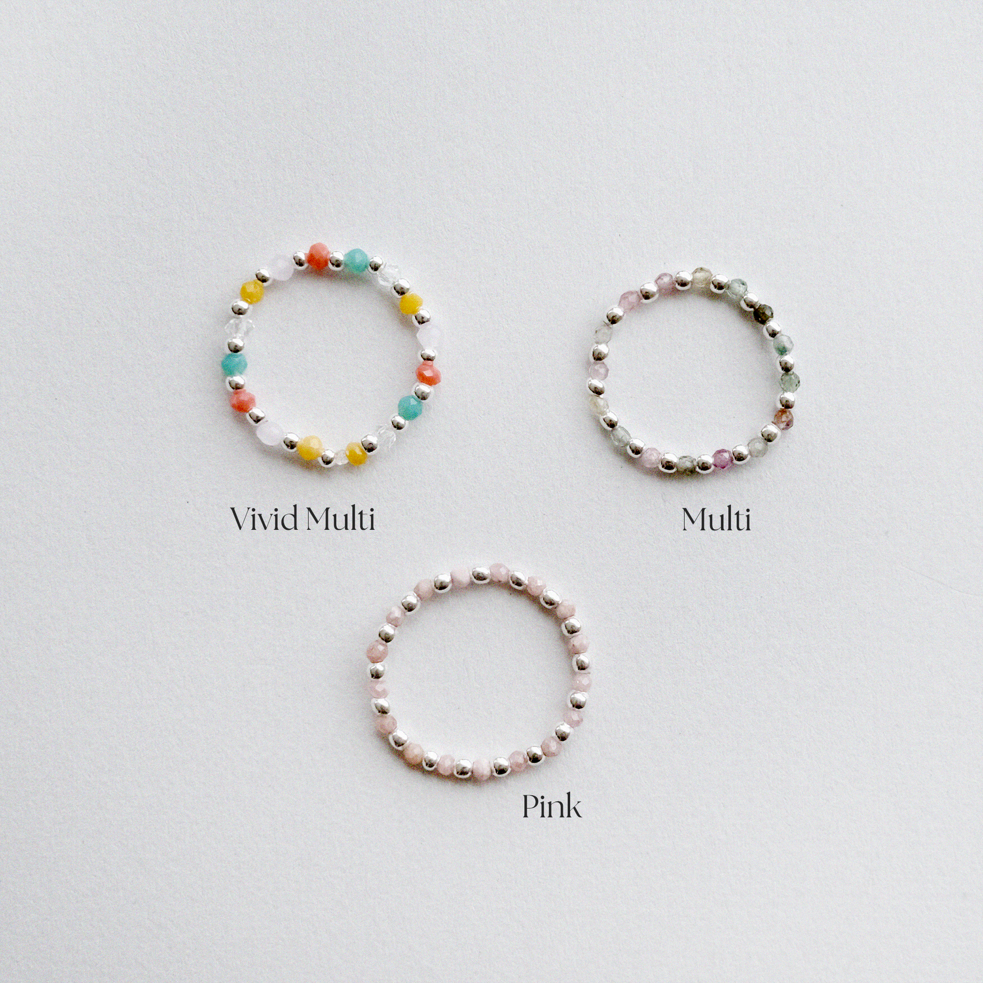 Elegant Bari beads ring with silver bead balls, colorful stones, stretchy design, and handmade craftsmanship