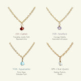 Gold filled birthstone necklaces for January to April displayed in grid:
JAN Garnet (Friendship, Love),
FEB Amethyst (Courage, Peace),
MAR Aquamarine (Purity, Youth),
APR Clear Quartz (Healing, Wealth)