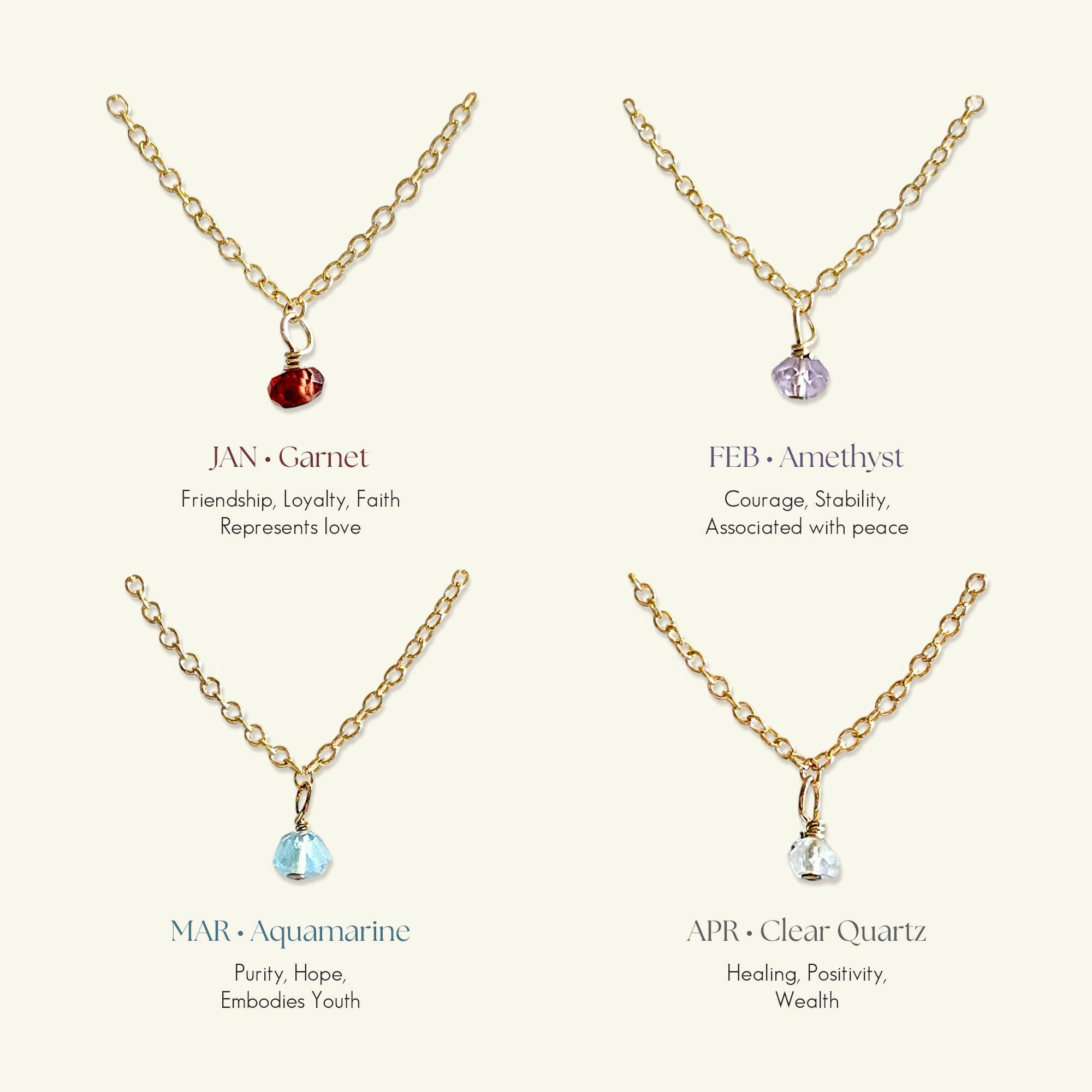 Gold filled birthstone necklaces for January to April displayed in grid:
JAN Garnet (Friendship, Love),
FEB Amethyst (Courage, Peace),
MAR Aquamarine (Purity, Youth),
APR Clear Quartz (Healing, Wealth)