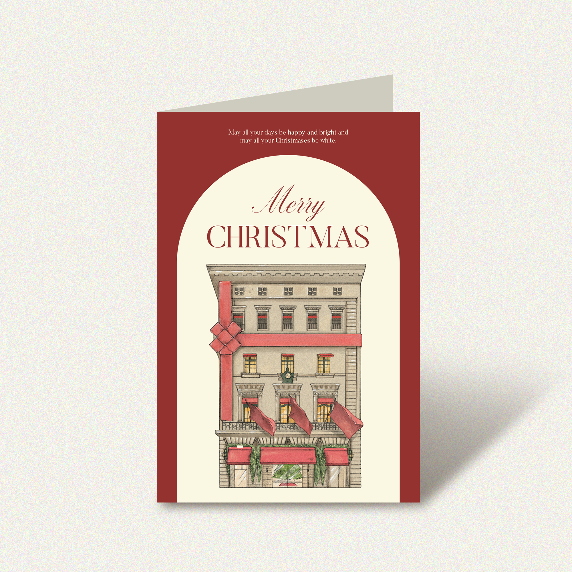 Vintage style Christmas building illustration card highlighting holiday spirit and festive architecture.