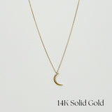 14K Solid Gold Crescent Luna Necklace featuring a delicate moon pendant on sparkling chain