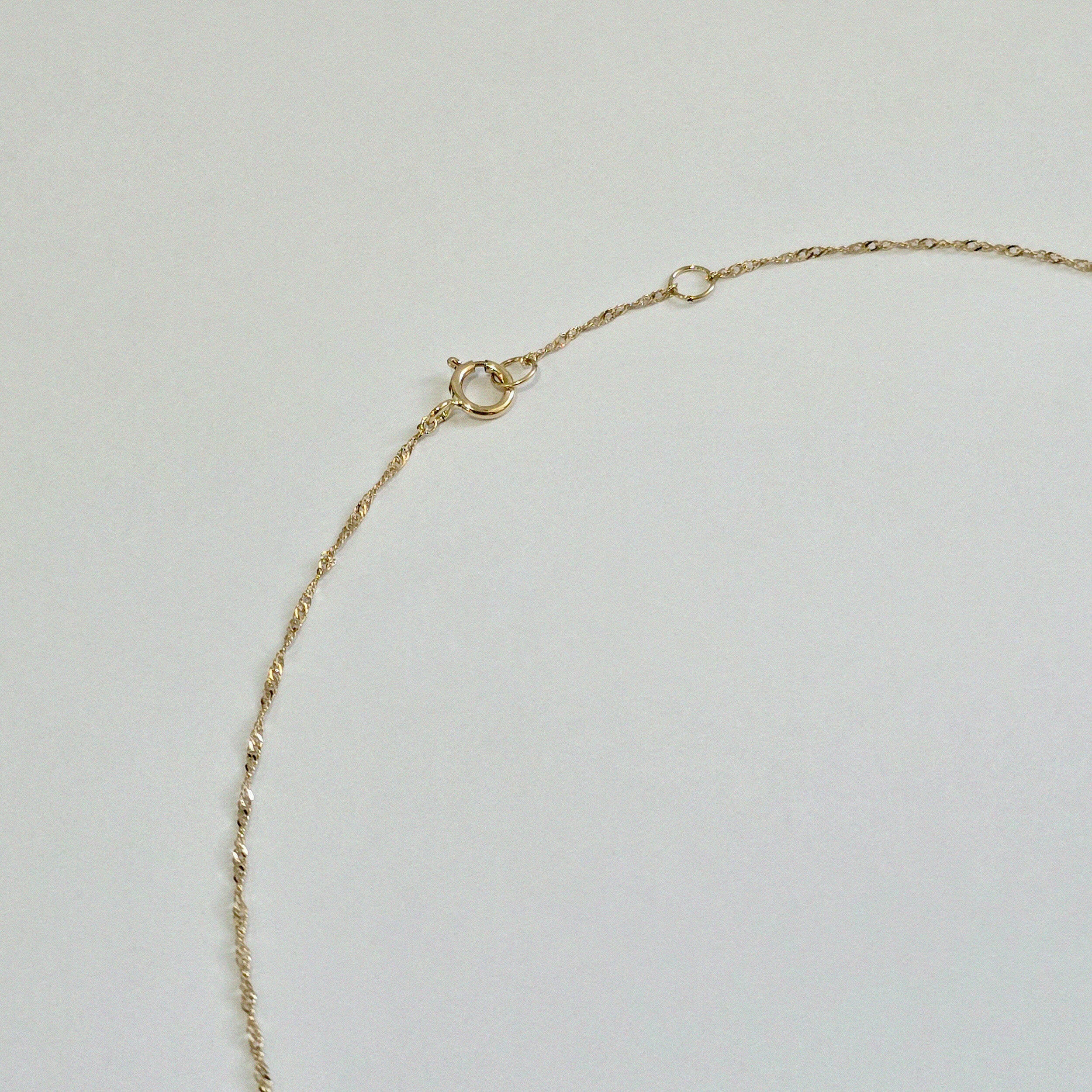 Detailed view of spring clasp and O-ring on a 14K gold necklace, showing clean finish and secure mechanism