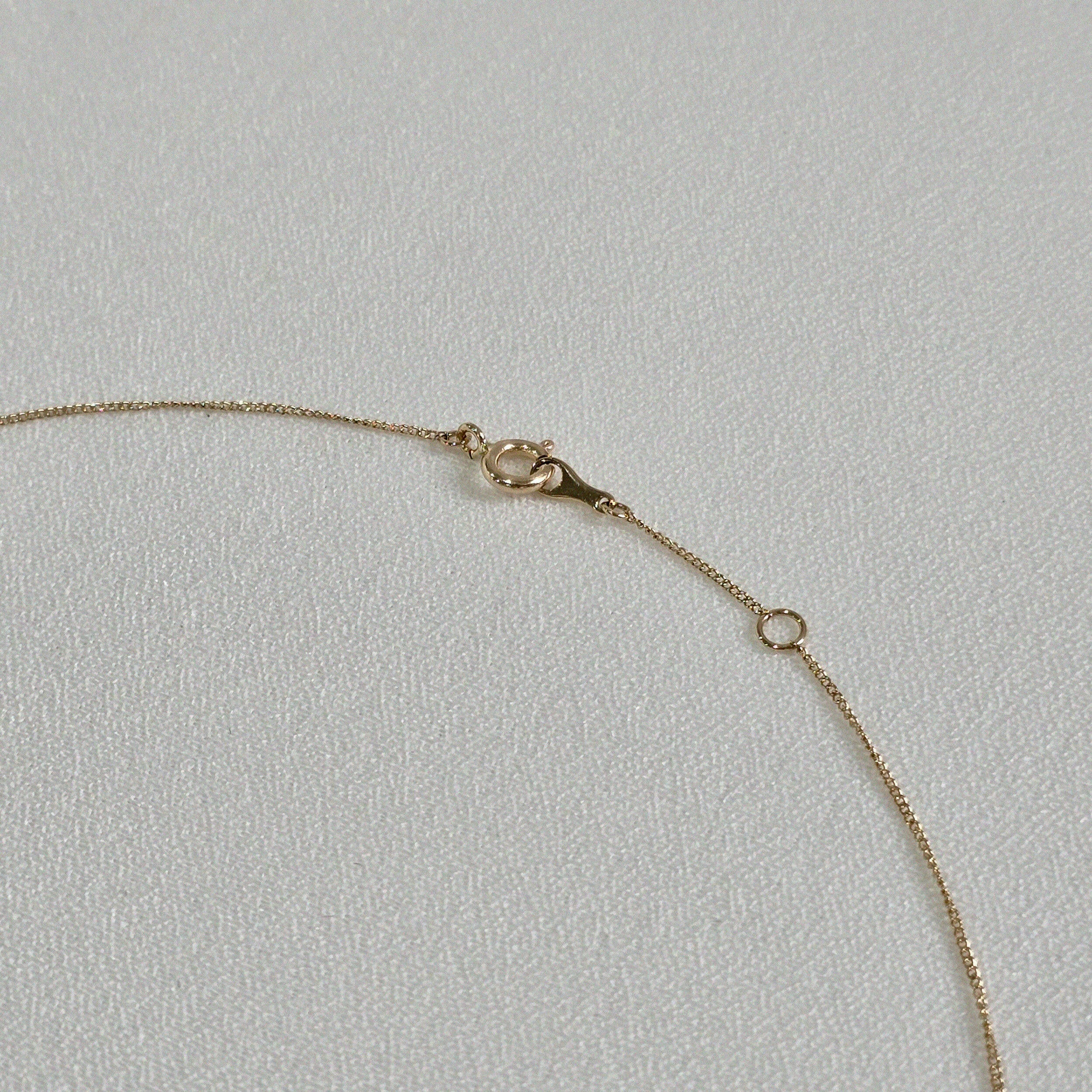 Spring clasp detail of the 14K Dear Initial Necklace showing secure fastening