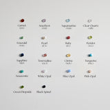 Collection of gemstones with their names and corresponding months on a light gray background