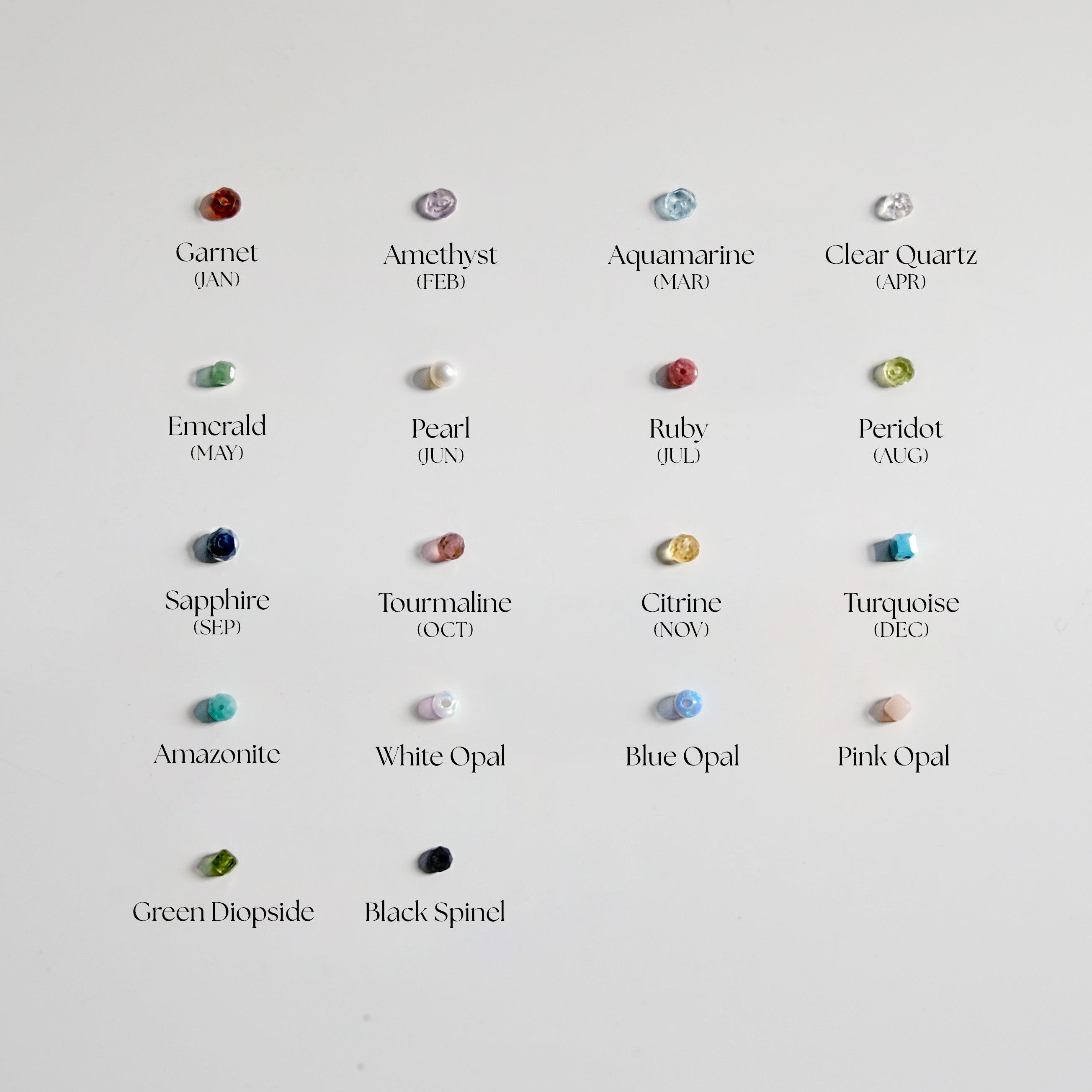 Collection of gemstones with their names and corresponding months on a light gray background