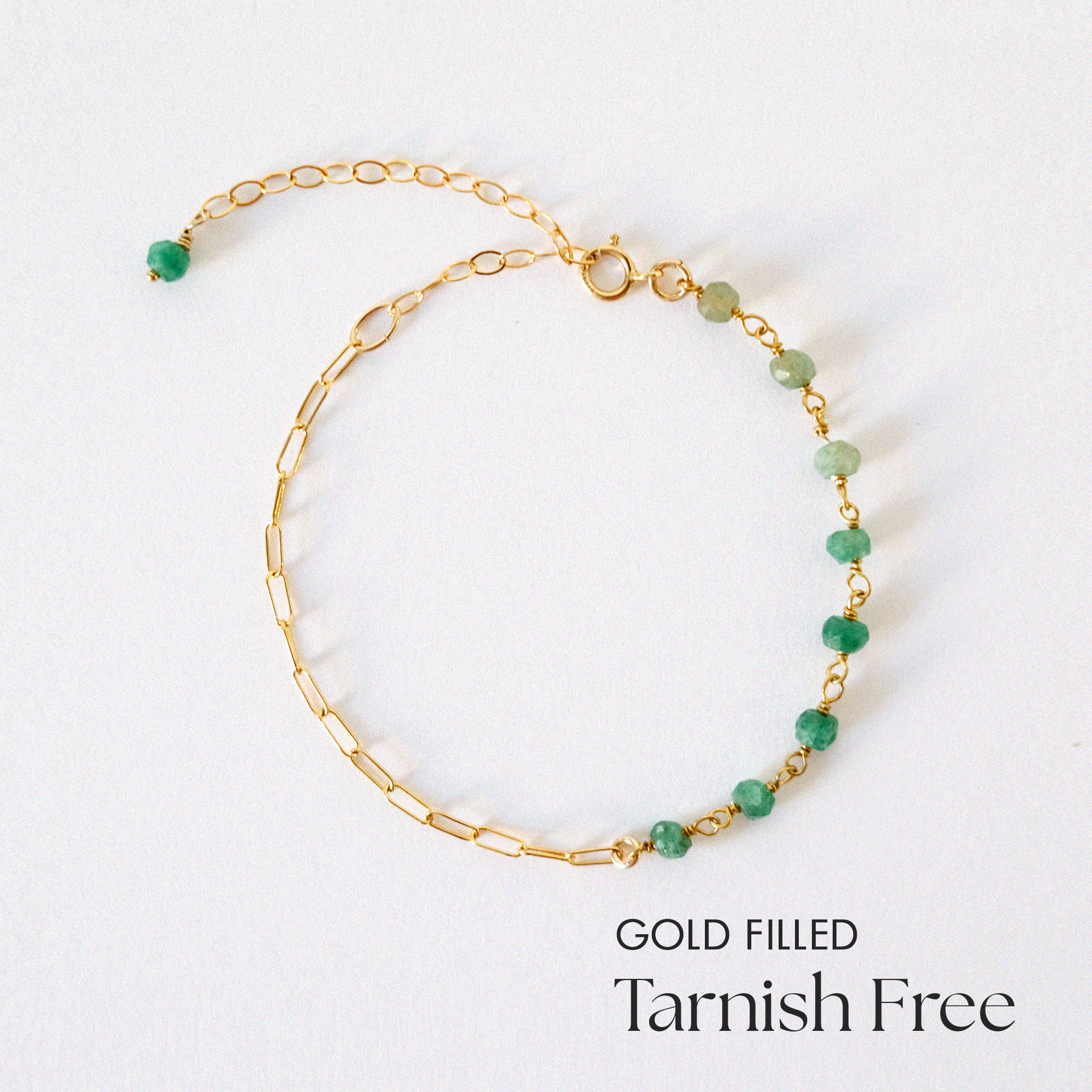 Top-down view of Aria Aventurine Bracelet with soft green stone accents