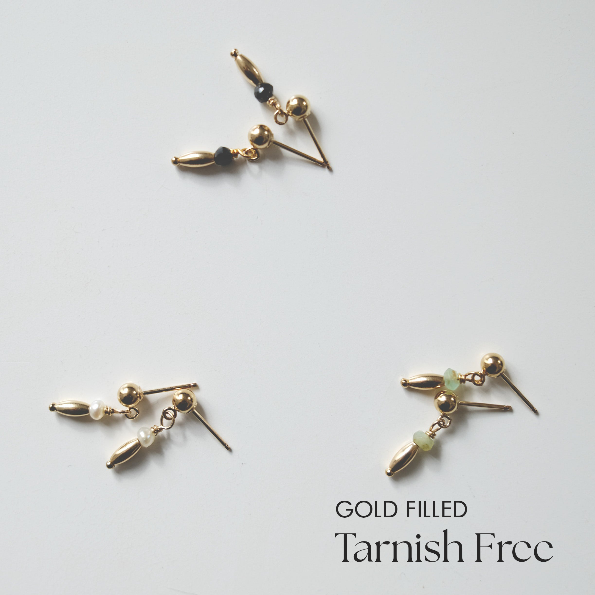 Carina Earrings featuring Black Spinel, Freshwater Pearl, and Green Opal in gold-filled design
