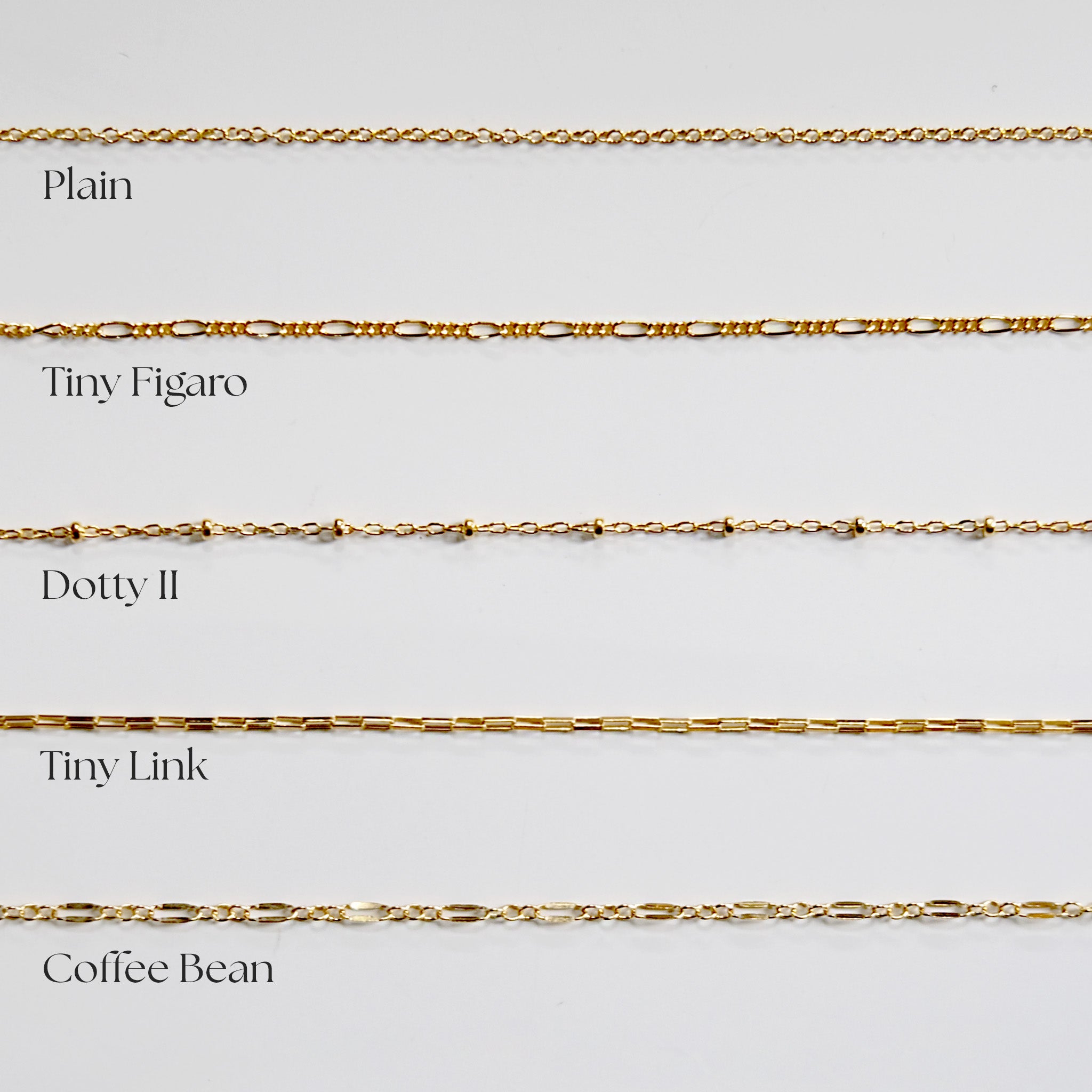 Comparison of different gold chain styles on a light gray background