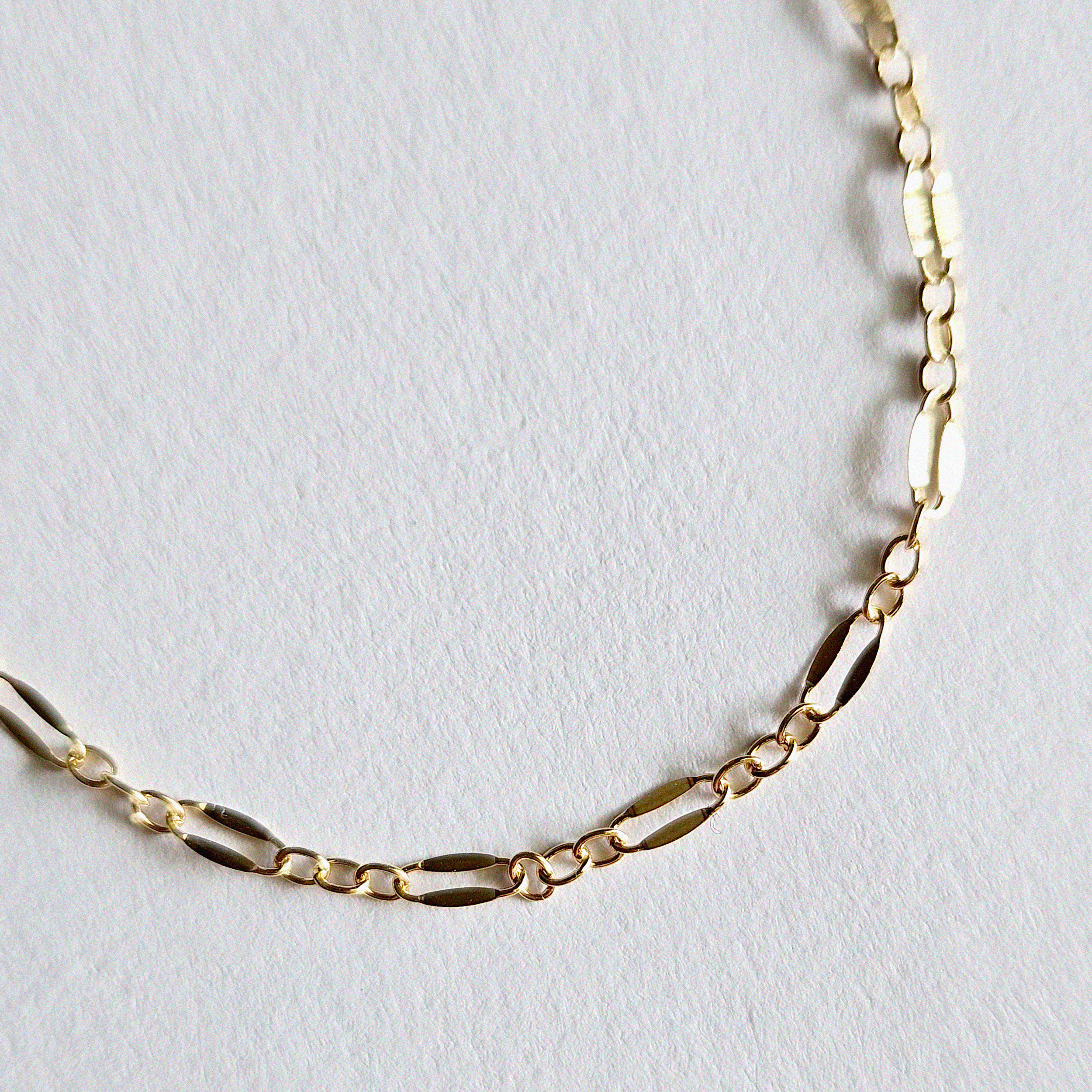 Macro view of coffee bean-shaped links with polished finish