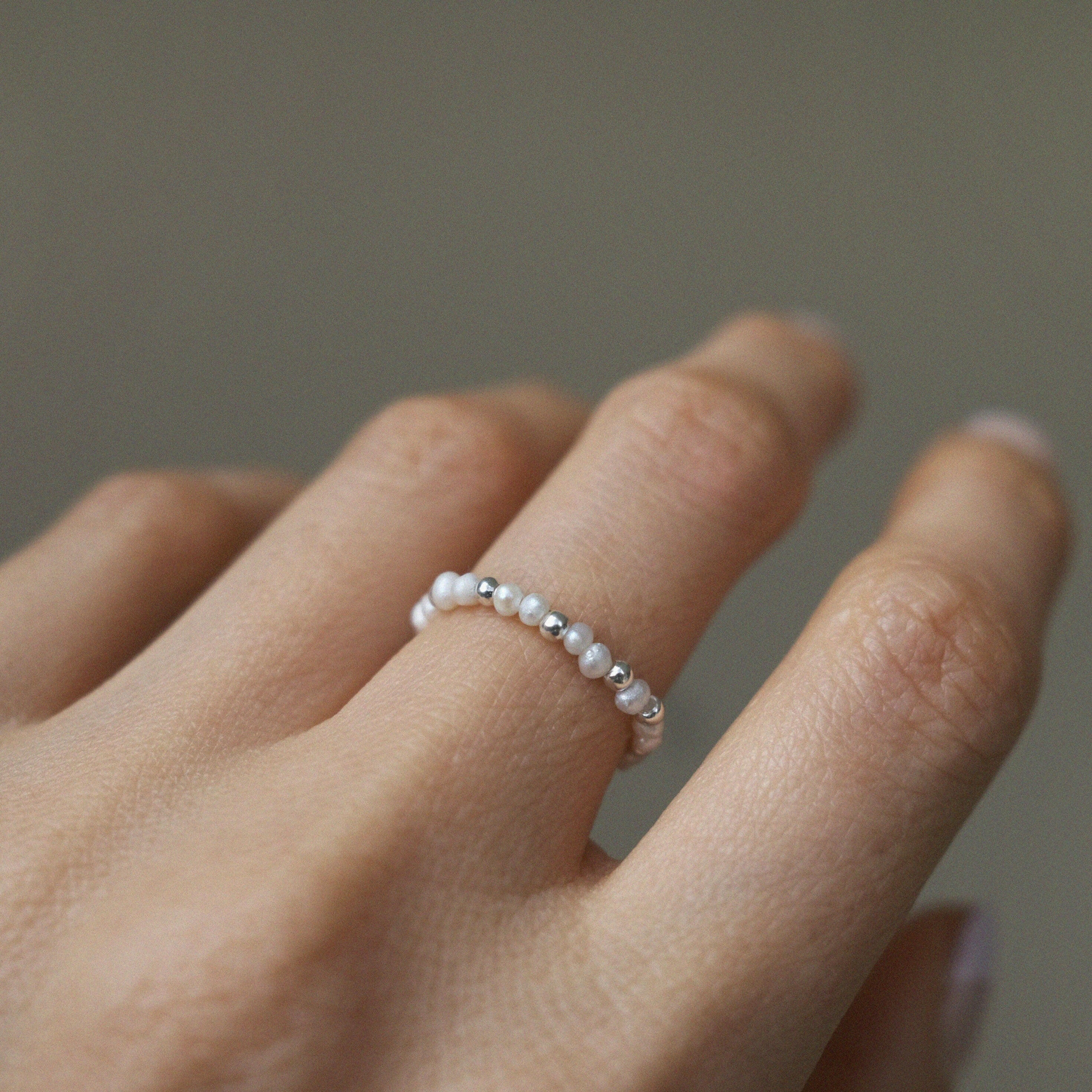 Elegant Pearl Ring featuring Handmade Charm with silver beads and pearl, stylish beaded ring perfect for formal occasions