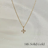 14K Solid Gold La Cross Diamond Necklace – Close-up of the diamond-set cross pendant, revealing the brilliance and gold texture.