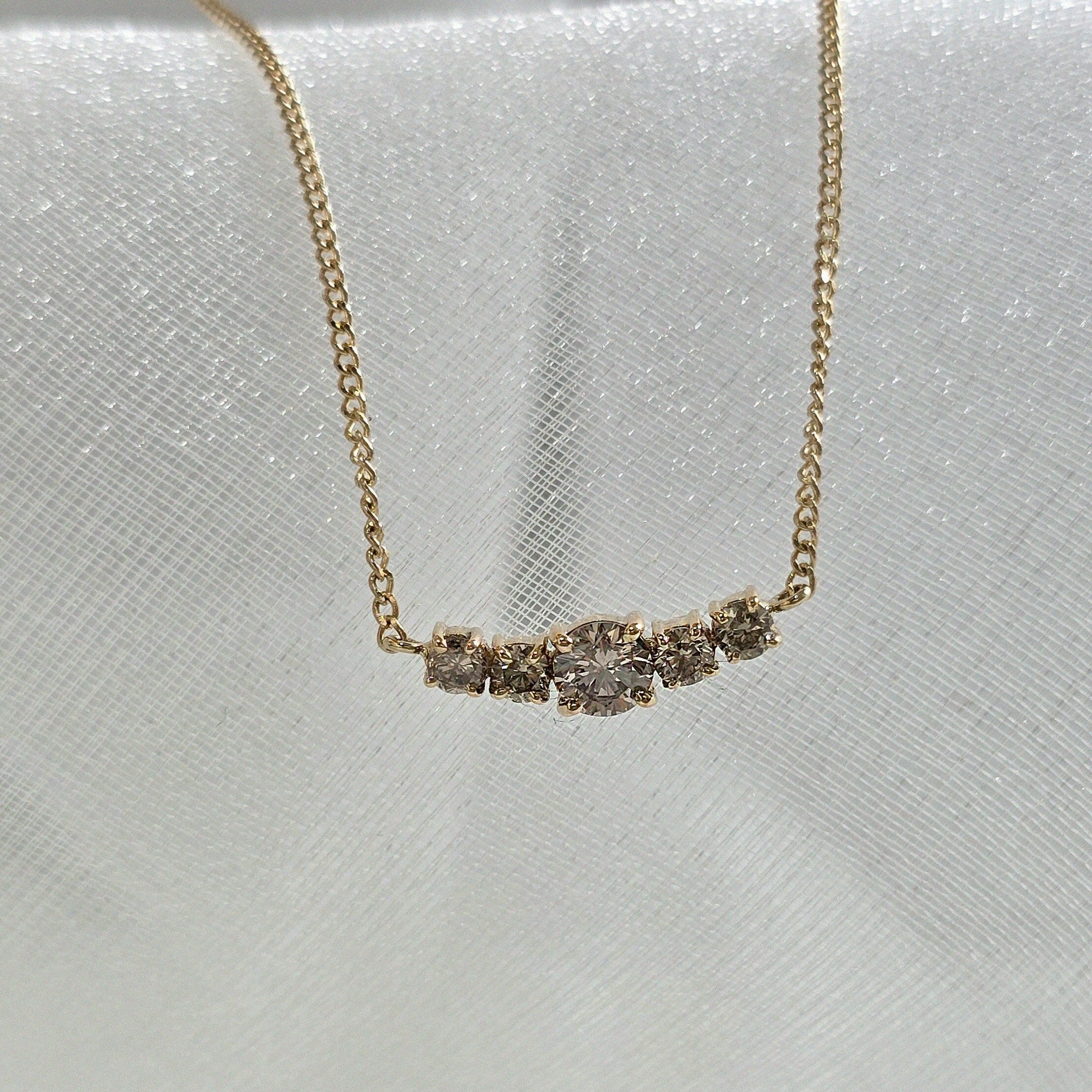 Extreme close-up of Luminex diamond pendant – 3.5mm x 12.5mm cluster set in polished 14K gold