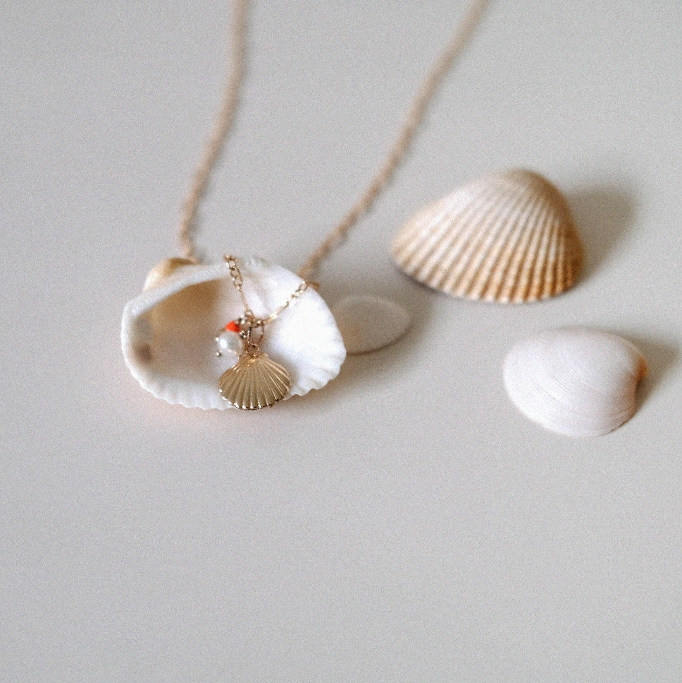 Close-up of shell charm and tiny coral accents