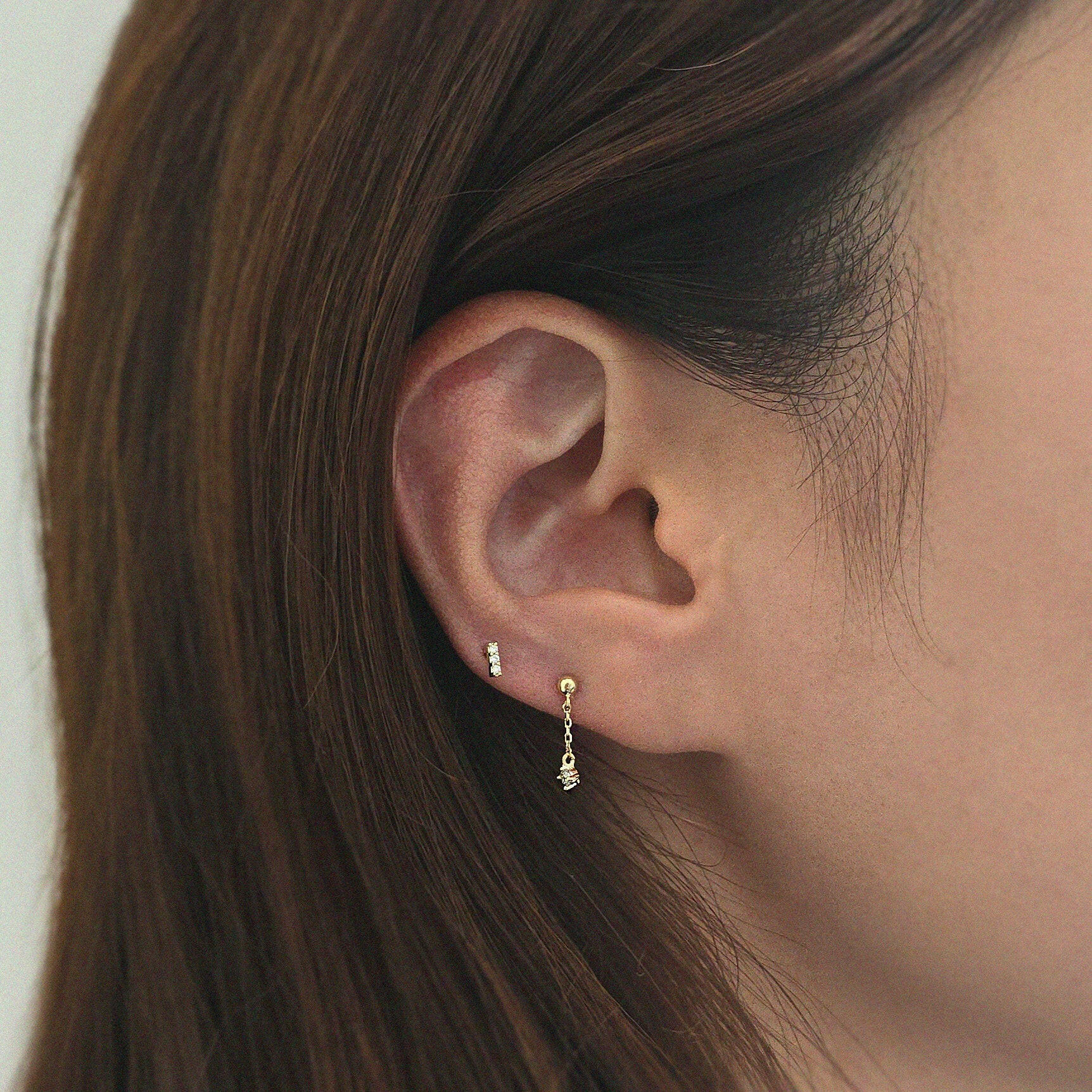 Petite CZ Bar Earring layered with petite crystal drop cartilage