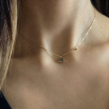 Close-up of model showcasing Aurora Labradorite Necklace against bare neckline, pendant glinting in natural light
