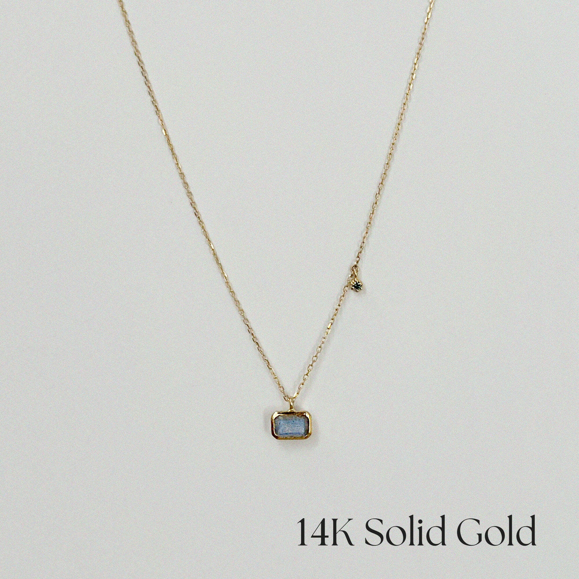 14K Aurora Labradorite Necklace fully laid out with pendant centered, showing overall chain and pendant alignment