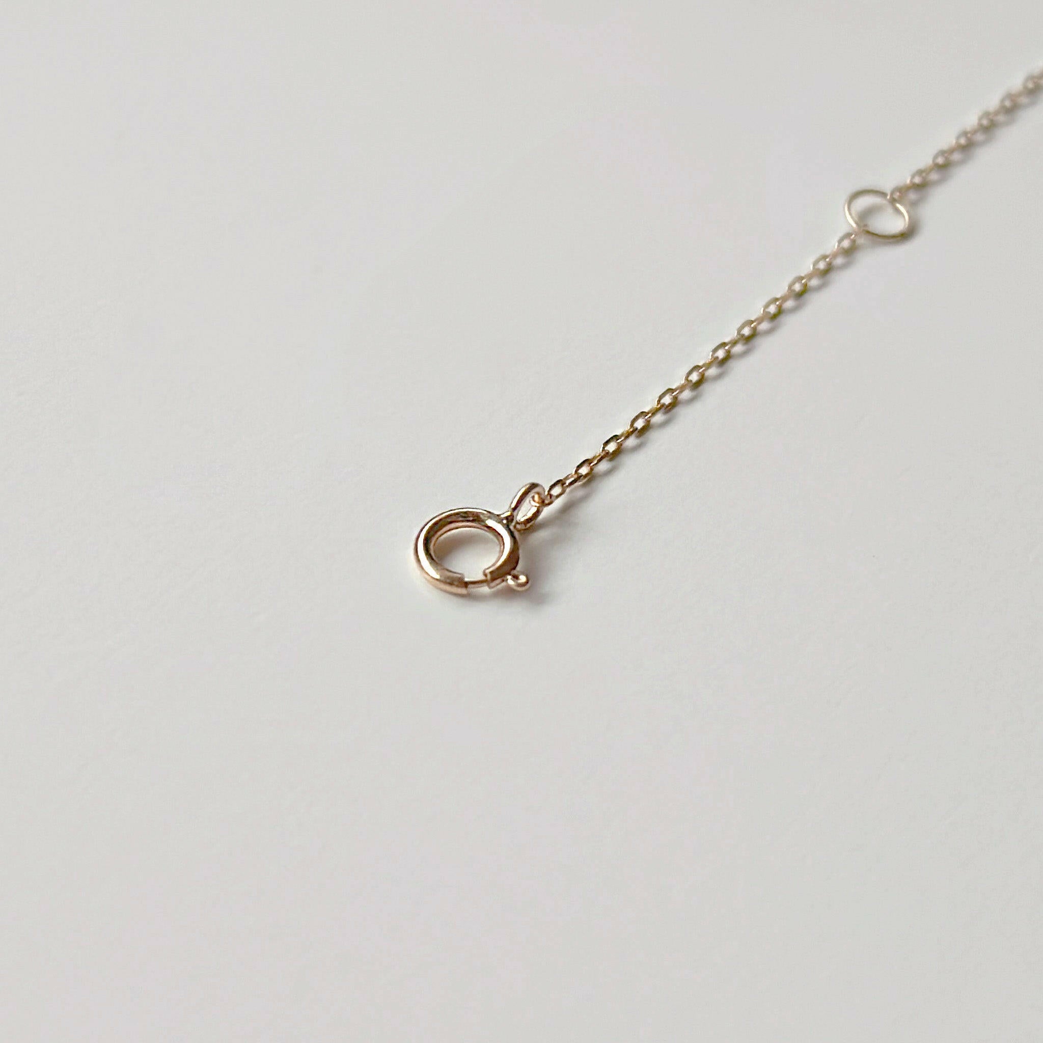 Close-up of spring ring clasp and dual O-rings on Laondrim solid gold extender chain.