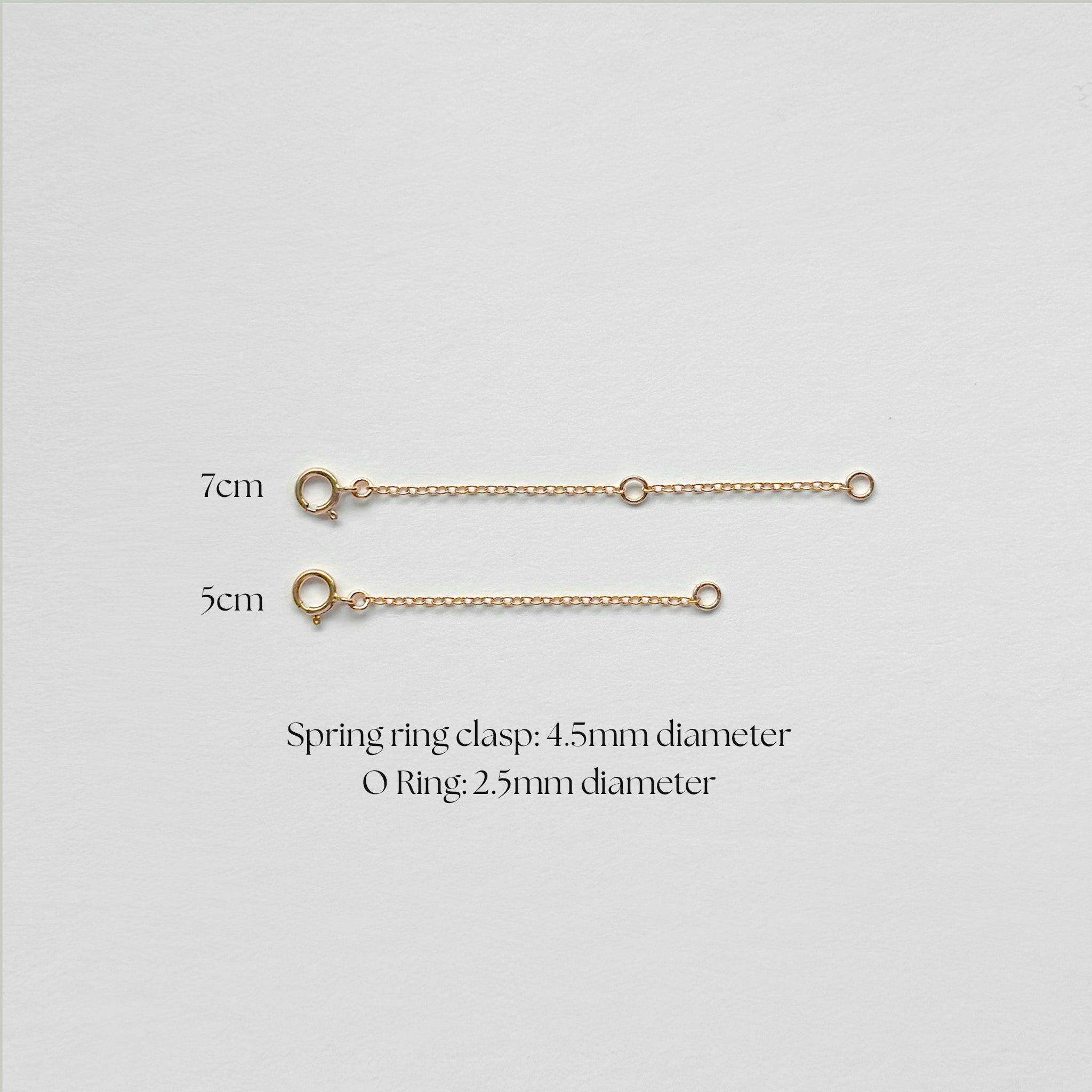 Gold filled extension chains laid flat in 5cm and 7cm lengths