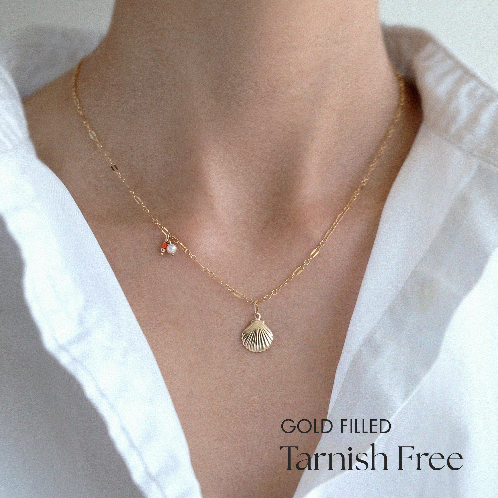 Model wearing Maris Shell & Pearl Necklace