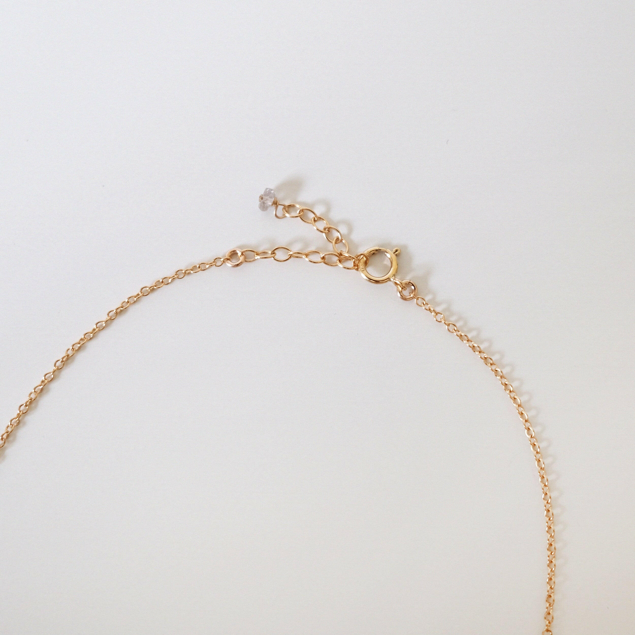 Side view showing spring ring clasp and chain connection