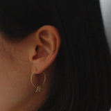 Model wearing Cassia Labradorite Hoops, showcasing delicate crystal detail.