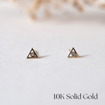 Front view of Bishop Triangle Studs with CZ center in gold triangle setting