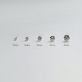 Five 14K gold crystal stud earrings displayed in ascending size order—2mm, 3mm, 4mm, 5mm, and 6mm—on a white background with labels beneath each earring for size reference