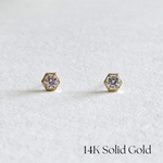 Front view of 14K Crystal Hexagon earrings with CZ center