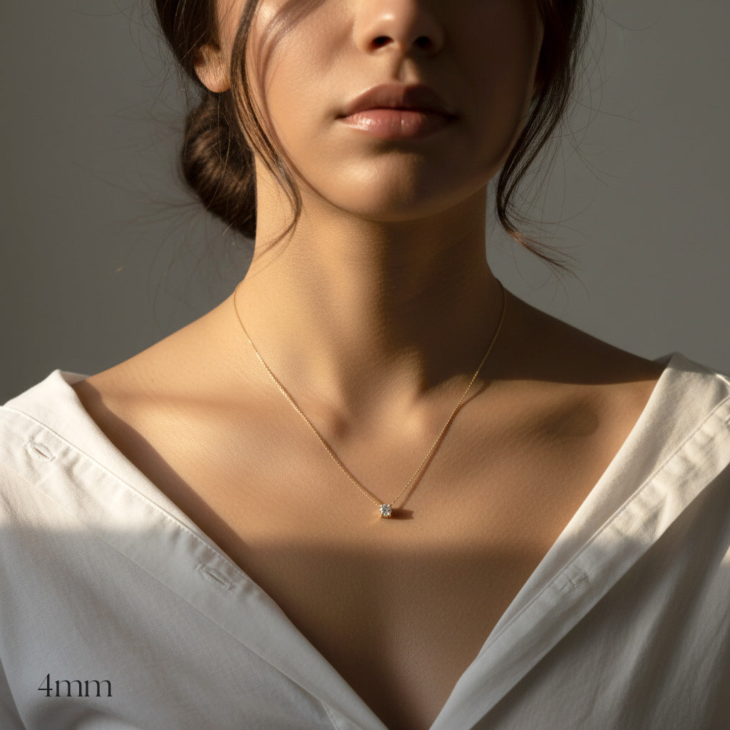 Close-up of a woman wearing a delicate necklace with a small pendant, set against a neutral background.
