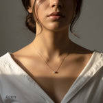 Close-up of a woman wearing a delicate necklace with a small pendant, set against a neutral background.