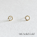 Front view of 14K Jennie earrings with twisted gold frame and cubic zirconia