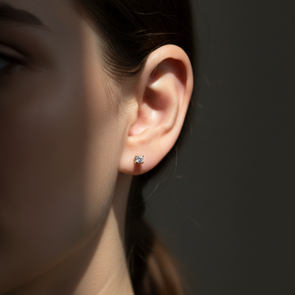 Close-up of an ear wearing a diamond earring with a blurred background