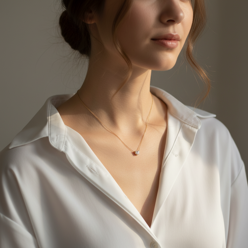 Woman wearing a white shirt with a subtle necklace against a neutral background