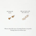 Side-by-side comparison of 14K Butterfly Backs and Silicone Backs with 14K Gold Core on white background, labeled for selection guidance