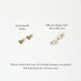 Side-by-side comparison of 14K Butterfly Backs and Silicone Backs with 14K Gold Core on white background, labeled for selection guidance