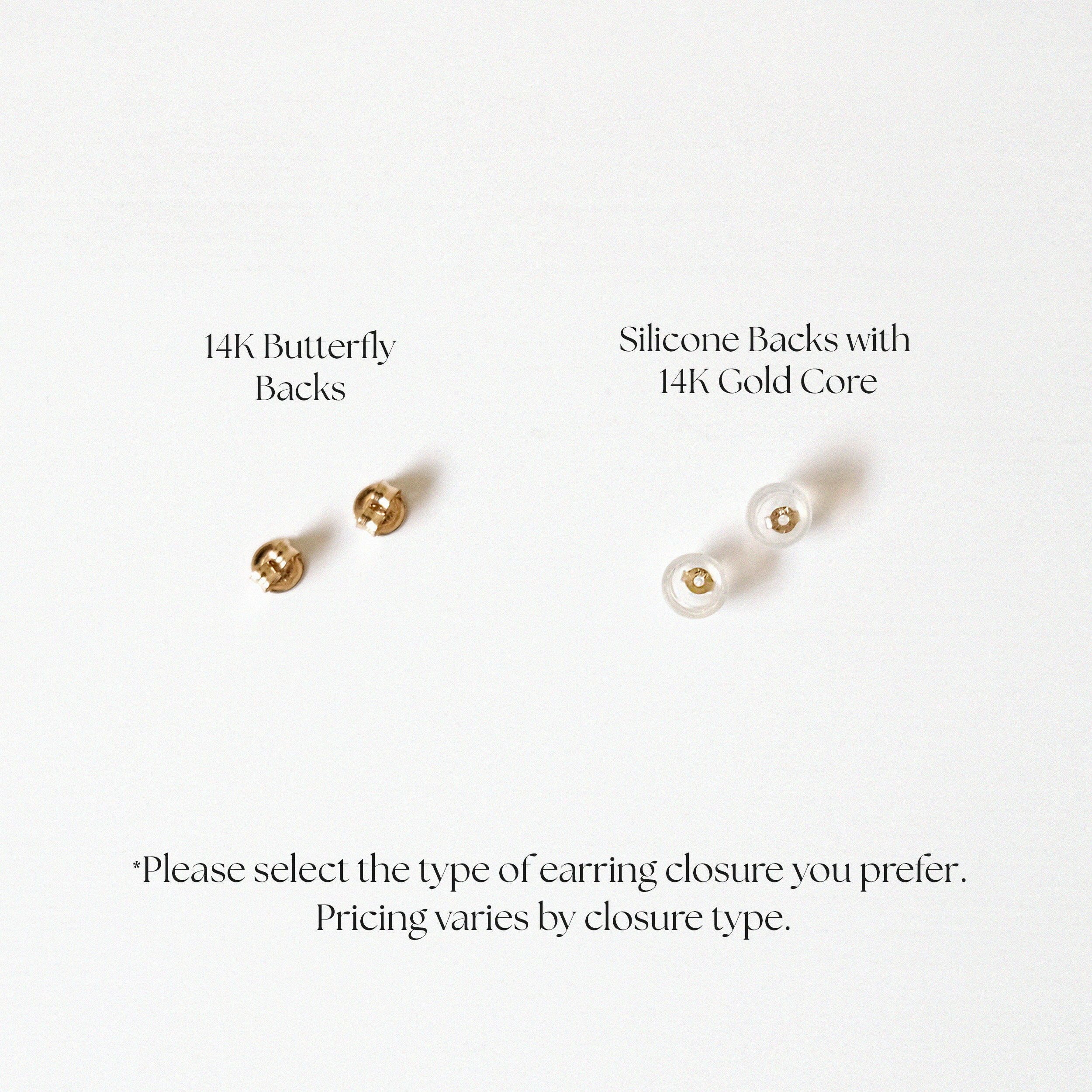 Side-by-side comparison of 14K Butterfly Backs and Silicone Backs with 14K Gold Core on white background, labeled for selection guidance