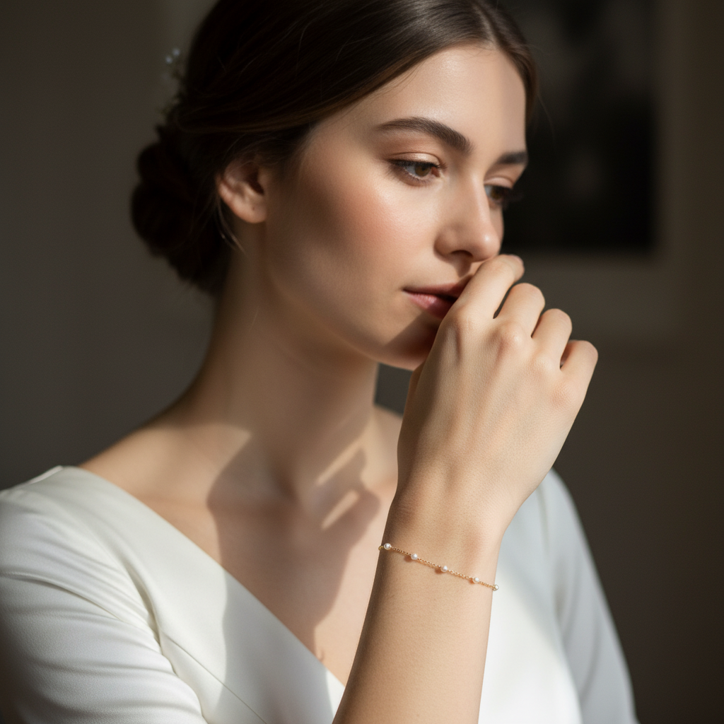Woman wearing a dainty chain with small pearl bracelet with a blurred background