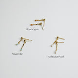 Three gold earrings with gemstones labeled 'Moecca Agate', 'Amazonite', and 'Freshwater Pearl' on a light gray background.