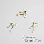 Gold-filled earrings on a light gray background with 'Gold Filled Tarnish Free' text.