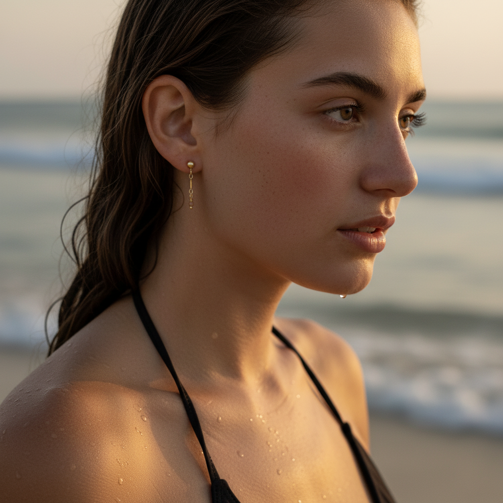 Woman at the beach wearing a black bikini and small dainty earrings 
