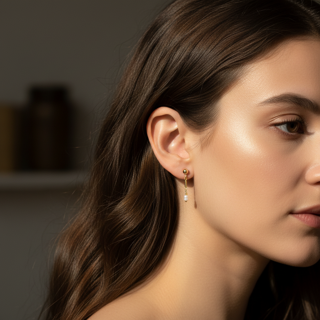 Close-up of a woman wearing earrings with a blurred background