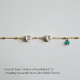 Gold chain bracelet with 'E', 'K' charms and a dangling Amazonite stone on a light gray background.