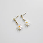Flower-shaped earrings on a light gray background
