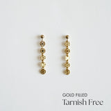 Gold-filled earrings on a light gray background with 'Gold Filled Tarnish Free' text.