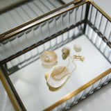 Jewelry box with a small pearl bracelet and seashells on a reflective surface
