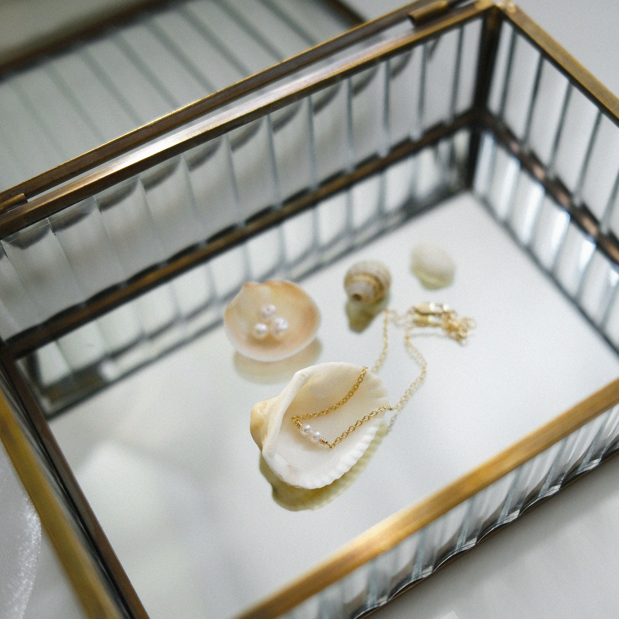 Jewelry box with a small pearl bracelet and seashells on a reflective surface