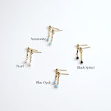 Four pairs of gold earrings with different gemstones on a white background